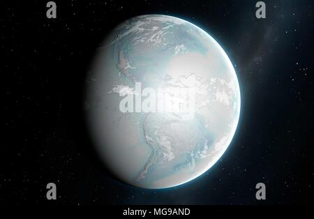 Abbildung der Erde, mit der Kontinente in ihrer jetzigen Form, aber mit dem Planeten völlig vereist. Die Schneeball-erde Hypothese schlägt vor, dass Hunderte von Millionen Jahren die Erde solide Mögen gefroren als eine Folge der starken Klimawandel haben. Diese Abbildung stellt sich vor, was dem Planeten aussehen könnte, wurden diese jetzt zu geschehen. In dieser Ansicht können wir die amerikanischen Kontinente. Stockfoto