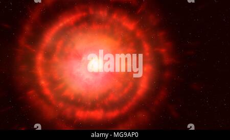 Abbildung eines Roten Riesen star Shedding seine äußeren Schichten. Rote Riesen sind sehr entwickelt Sterne, dass ihre Geschäfte von Wasserstoff verbraucht haben. Dies führt zu der Kern kollabiert unter Schwerkraft, das macht es noch heißer. Dieses frische Hitze drückt auf die äußersten Schichten der Sterne und nach und nach wird der Stern Masse verliert, da die Atmosphäre entweicht, Stück für Stück, in den Weltraum. Dieses ist, wie planetarische Nebel gebildet werden. In diesem Bild, ein Roter Riese hat bereits viel von seiner Atmosphäre in einer Reihe von Shells ausgeschlossen. Stockfoto