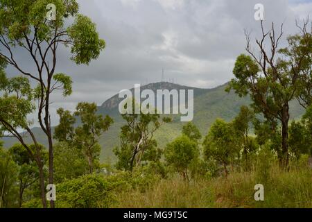 Mount Stuart an einem stürmischen Tag mit grauen Wolken, Mount Stuart Wanderwege, Townsville, Queensland, Australien Stockfoto