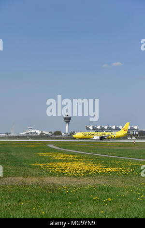 Tui, B737-800, B737, Flugzeuge, Flugzeug, Flugzeug, Übersicht, Aussicht, Panorama, Blume, Unkraut, Gras, Start, Nehmen, Roll-out, Flughafen München, München, Deutschland Stockfoto