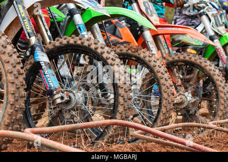 Nahaufnahme von Dirt Bike reifen aufgereiht am Beginn der motocross Rennen auf dem Scrubndirt Anschluss am 3. Dezember 2016 in Monroe, GA. Stockfoto