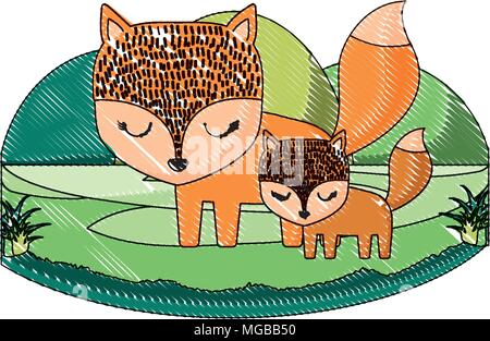 Süße Füchse auf dem Gras auf weißem Hintergrund, farbenfrohen Design. Vector Illustration Stock Vektor