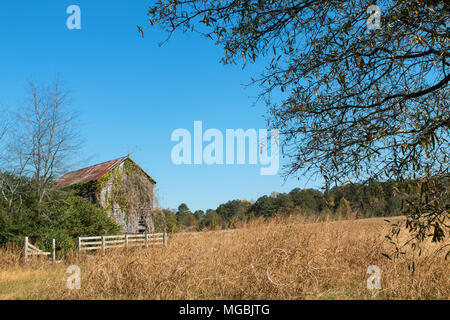 Eine verlassene, heruntergekommenen Bauernhaus sitzt in einem North Georgia Feld. Stockfoto