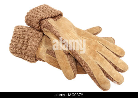 Handschuhe aus Wildleder mit gestrickter Wolle Bündchen isolierten auf weißen Hintergrund. Stockfoto