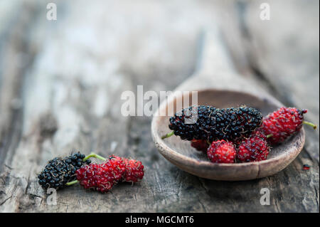 Mulberry rote und schwarze Beerenfrucht in Holzlöffel findet auf einer Oberfläche vintage Holz- Hintergrund Stockfoto