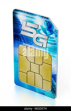 5G SIM-Karte auf weißem Hintergrund. 3D-Darstellung. Stockfoto