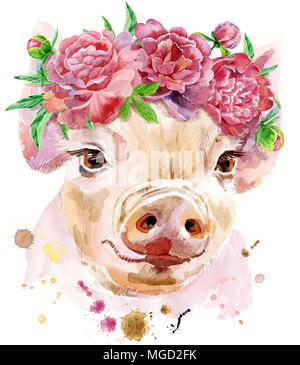 Ein wunderschönes Schwein in einem Kranz von päonien. Blumen. Aquarell Abbildung mit Spritzern. Stockfoto