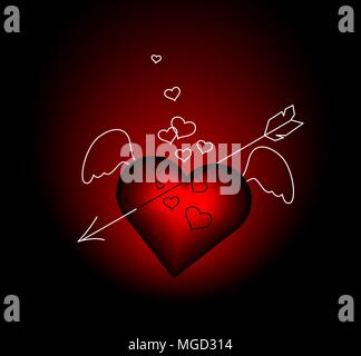 Glas roten Herzen und Pfeil auf Schwarz. Stock Vektor