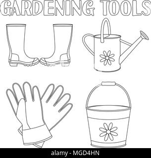 Schwarze und weiße Gartenbewässerung 4 Elemente einstellen. Malbuch Seite für Erwachsene und Kinder. Gartengeräte Vector Illustration für Geschenkkarte Zertifikat s Stock Vektor