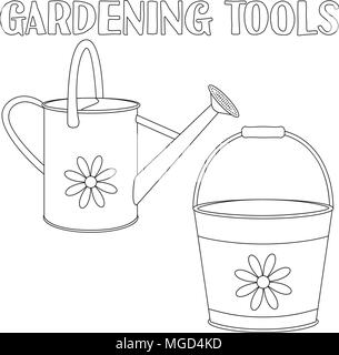 Line Art schwarzen und weißen Garten Bewässerung eingestellt. Schaufel und Gießkanne. Malbuch Seite für Erwachsene und Kinder. Gartengeräte Vector Illustration für Stock Vektor