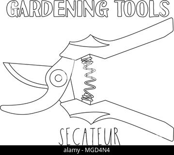 Line Art schwarz und weiß Gartenschere. Malbuch Seite für Erwachsene und Kinder. Garten Werkzeug Vector Illustration für Geschenkkarte Zertifikat, Aufkleber, Abzeichen, s Stock Vektor