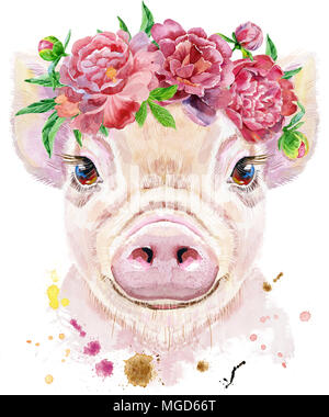 Ein wunderschönes Schwein in einem Kranz von päonien. Blumen. Aquarell Abbildung mit Spritzern. Stockfoto