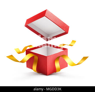 Red open Geschenkkarton mit Gold Ribbon auf weißem Hintergrund Stockfoto