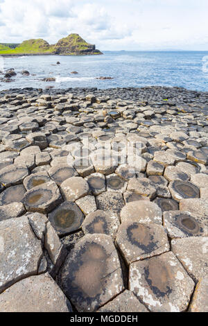 Antrim/N. Irland - 30. Mai 2015: Giant's Causeway, ein Wunder der Natur durch vulkanische, Sechskant basalt Rock ins Meer fließt. Antrim. Stockfoto