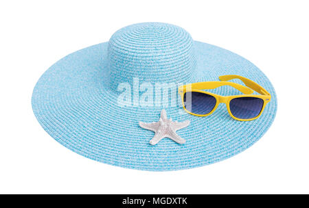 Sonnenbrille, Seesterne und Hut. Stockfoto