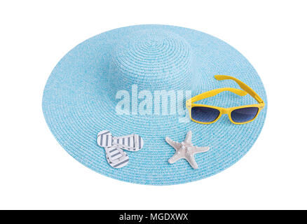 Sonnenbrille, Seesterne und Hut. Stockfoto
