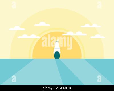 Segelschiff im Hintergrund der Sonne in einem flachen Stil mit Schatten. Meer Tageslicht. Vector Illustration Stock Vektor