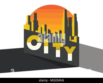 Stadt Landschaft auf einer modernen Stadt. Wolkenkratzer, Panorama. Vanguard und Bauhaus Stil. Gebäude vor dem Hintergrund der Sonne. Vector Illustration Stock Vektor