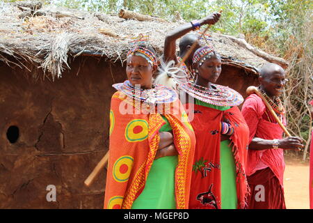 Masai Frauen tragen bunte Grüne und rote Kleider während eines Stammes- Ritus in einem afrikanischen Dorf in Kenia, in der Nähe von Nairobi Stockfoto