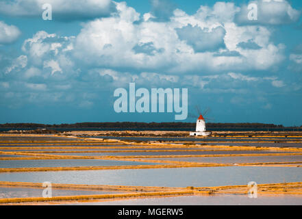 Ein weißer Leuchtturm mit einem roten Dach in der Mitte der Salinen von Marsala, Sizilien, Italien, an einem schönen sonnigen Tag mit blauem Himmel widerspiegelt Stockfoto