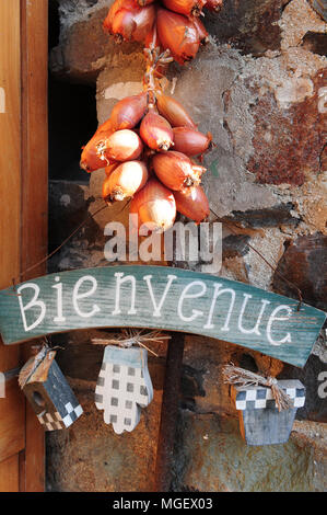 Französische Schalotten zum Verkauf in La Ferme des Beaux Bois, eine lokale Hersteller in der Stadt Cherrueix, Bretagne, Frankreich Stockfoto