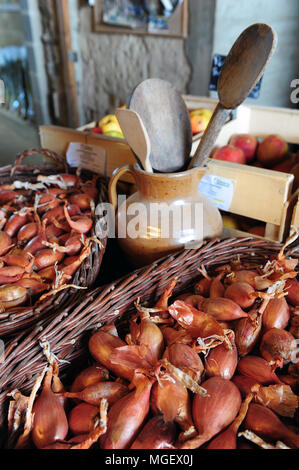 Französische Schalotten zum Verkauf in La Ferme des Beaux Bois, eine lokale Hersteller in der Stadt Cherrueix, Bretagne, Frankreich Stockfoto