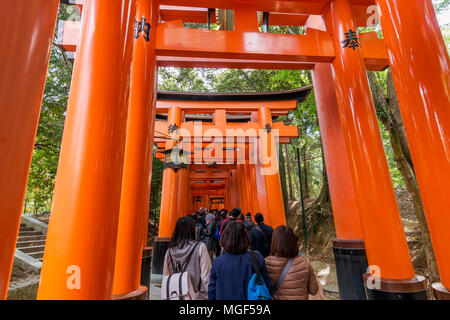 Masse der Besucher unter den torii Tore des Fushimi Inari Schrein in Kyoto, Japan Stockfoto