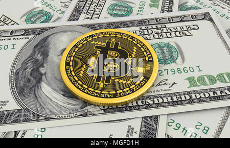 Konzeptionelle 3D-Render von physischen Bitcoin über 100 Dollar Banknoten Stockfoto
