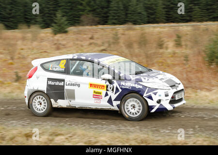 Kielder Forest, Northumberland, Großbritannien, 28. April 2018. Rallye Fahrer konkurrieren in der Pirelli internationale Rallye und der zweiten Runde der Prestone World Rally Championship. (Spezielle Phase 1 - Pundershaw 1). Andrew Cheal/Alamy leben Nachrichten Stockfoto