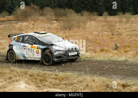 Kielder Forest, Northumberland, Großbritannien, 28. April 2018. Rallye Fahrer konkurrieren in der Pirelli internationale Rallye und der zweiten Runde der Prestone World Rally Championship. (Spezielle Phase 1 - Pundershaw 1). Andrew Cheal/Alamy leben Nachrichten Stockfoto