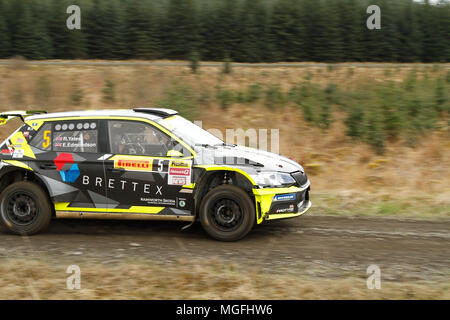 Kielder Forest, Northumberland, Großbritannien, 28. April 2018. Rallye Fahrer konkurrieren in der Pirelli internationale Rallye und der zweiten Runde der Prestone World Rally Championship. (Spezielle Phase 1 - Pundershaw 1). Andrew Cheal/Alamy leben Nachrichten Stockfoto