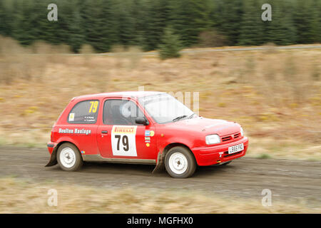 Kielder Forest, Northumberland, Großbritannien, 28. April 2018. Rallye Fahrer konkurrieren in der Pirelli internationale Rallye und der FUCHS Schmiermittel MSA British historischen Rally Championship. (Spezielle Phase 1 - Pundershaw 1). Andrew Cheal/Alamy leben Nachrichten Stockfoto