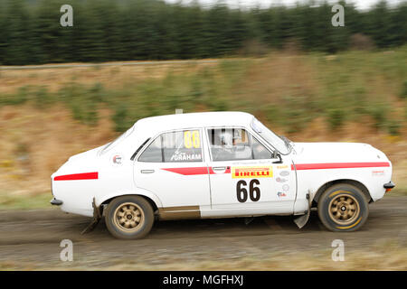 Kielder Forest, Northumberland, Großbritannien, 28. April 2018. Rallye Fahrer konkurrieren in der Pirelli internationale Rallye und der FUCHS Schmiermittel MSA British historischen Rally Championship. (Spezielle Phase 1 - Pundershaw 1). Andrew Cheal/Alamy leben Nachrichten Stockfoto
