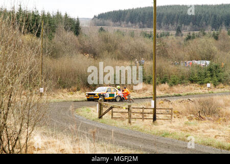 Kielder Forest, Northumberland, Großbritannien, 28. April 2018. Rallye Fahrer konkurrieren in der Pirelli internationale Rallye und der FUCHS Schmiermittel MSA British historischen Rally Championship. (Spezielle Phase 1 - Pundershaw 1). Andrew Cheal/Alamy leben Nachrichten Stockfoto