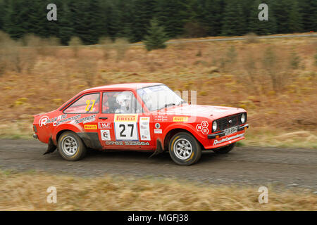 Kielder Forest, Northumberland, Großbritannien, 28. April 2018. Rallye Fahrer konkurrieren in der Pirelli internationale Rallye und der FUCHS Schmiermittel MSA British historischen Rally Championship. (Spezielle Phase 1 - Pundershaw 1). Andrew Cheal/Alamy leben Nachrichten Stockfoto