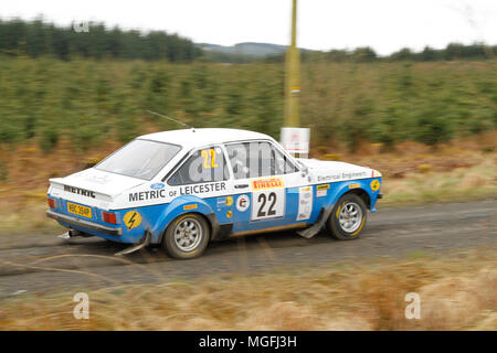 Kielder Forest, Northumberland, Großbritannien, 28. April 2018. Rallye Fahrer konkurrieren in der Pirelli internationale Rallye und der FUCHS Schmiermittel MSA British historischen Rally Championship. (Spezielle Phase 1 - Pundershaw 1). Andrew Cheal/Alamy leben Nachrichten Stockfoto