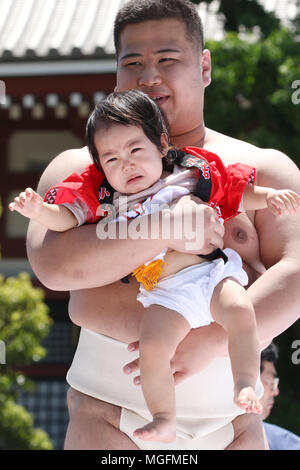 Tokio, Japan. 28 Apr, 2018. Ein Baby von einem Amateur Sumo Wrestler statt schreit während der Baby-schrei Sumo "Wettbewerb auf dem Sensoji-tempel in Tokio am Samstag, 28. April 2018. Japanische Eltern glauben, dass Sumo Ringer helfen können, Babys, ein Wunsch, eine gute Gesundheit zu weinen. Credit: Yoshio Tsunoda/LBA/Alamy leben Nachrichten Stockfoto