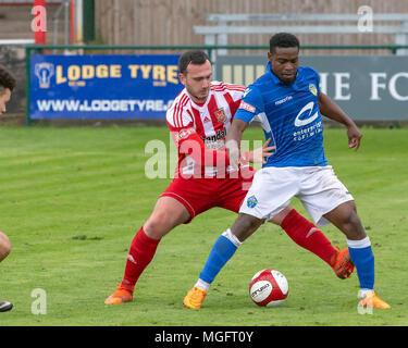 Stourbridge, UK. 28. April 2018. Warrington Town FC spielte am Stourbridge FC in der Tabelle oben Play-off-Kampf in der Evo-Stik Premier Division am Samstag, 28. April 2018. Die gelben, blauen, benötigt nur einen Punkt 2. in der Liga zu beenden, verlor aber 2 - 1 auf die Home Seite. Quelle: John Hopkins/Alamy leben Nachrichten Stockfoto