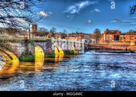 Stadt Chester, England. Künstlerische Ansicht von Chester der mittelalterlichen Brücke über den Fluss Dee Dee. Stockfoto