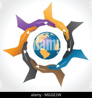 Hände umgebenden Erde Vektor, Kreis sozialen hand Farbe mit Erde inside Logo Stock Vektor