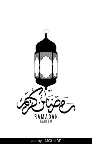 Schwarze Lampe im flachen Stil und Kalligraphie von Hand auf weißem Hintergrund dargestellt. Arabische Laterne. Hintergrund für Ramadan Kreem. Eid Mubarak. Schwarz Stock Vektor