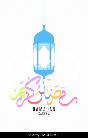 Laterne im flachen Stil und bunten Kalligraphie von Hand gezeichnet. Islamische geometrische Verzierung. Arabische Laterne. Hintergrund für Ramadan Kreem. Ramazan fl Stock Vektor