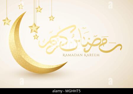 Werbebanner auf Ramadan Kareem. Golden luxus Crescent. Islamische geometrische Verzierung. Golden 3d Sterne hängen. Religion heiligen Monat. Hand callig gezeichnet Stock Vektor