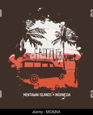 Sommer Urlaub in Mentawai Inseln, Indonesien. Urlaub Abbildung mit Text zitieren, Auto- und Surf Boards am tropischen Strand. Vintage Textur design fo Stock Vektor