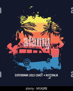 Sommer Urlaub in Superbank Gold Coast, Australien. Urlaub Abbildung mit Text zitieren, Auto- und Surf Boards am tropischen Strand. Vintage Textur Desig Stock Vektor