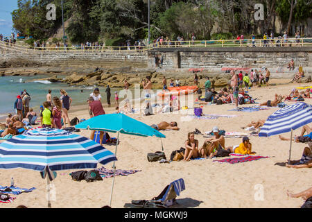 Menschen Liegewiese mit Sonnenschirmen auf Manly Beach in Sydney, Australien Stockfoto