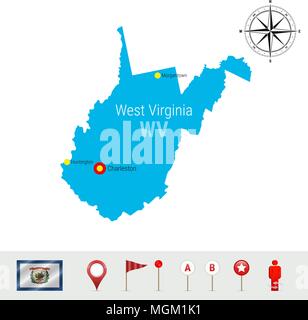 West Virginia Vektorkarte isoliert auf Weiss. Detaillierte Silhouette von West Virginia State. Offizielle Flagge von West Virginia Stock Vektor