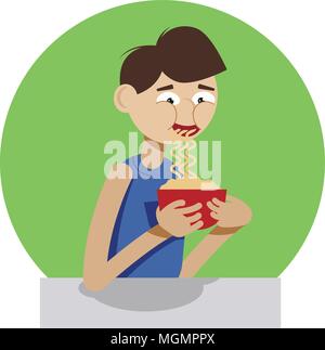 Junge slurping Nudeln von der Schale cartoon Vector Illustration Stock Vektor