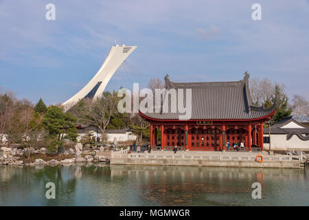 Montreal, CA - 28 April 2018: Der Chinesische Garten des Montreal Botanical Garden, mit Olympischen Stadion Turm im Hintergrund. Stockfoto