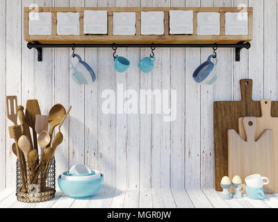Küchengeräte auf weißem Holz Hintergrund mit Kopie Raum für Mock up, 3D-Rendering Stockfoto